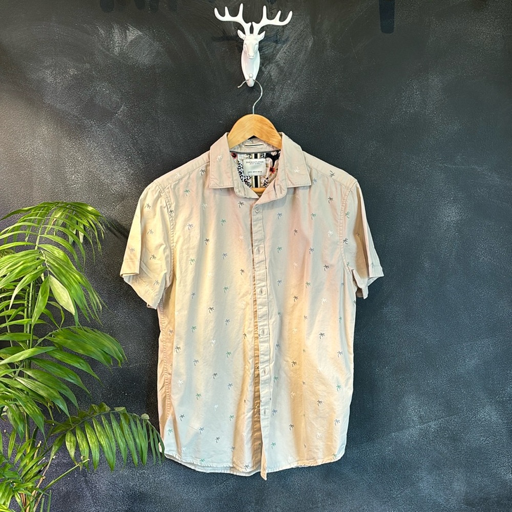 Denim & Flower palm tree print short sleeve sexy shirt loose & casual